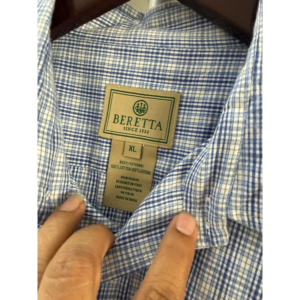 Beretta‎ Mens XL Blue White Plaid Cotton Button Down Shirt Long Sleeve